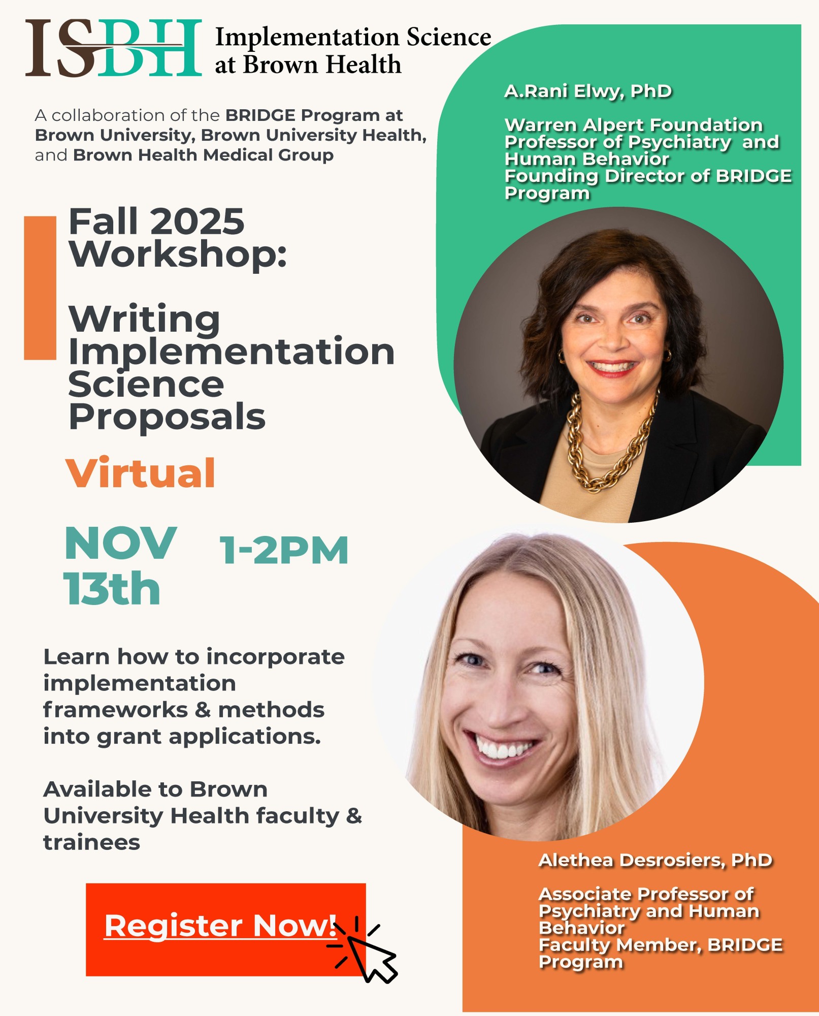 flyer for Fall 2025 ISBH workshop. Two women in cropped circular images.