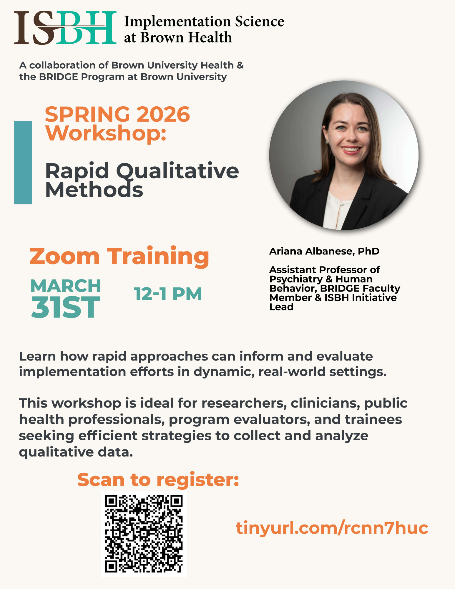 Spring 2026 ISBH workshop flyer. Includes a headshot for Dr. Ariana Albanese.