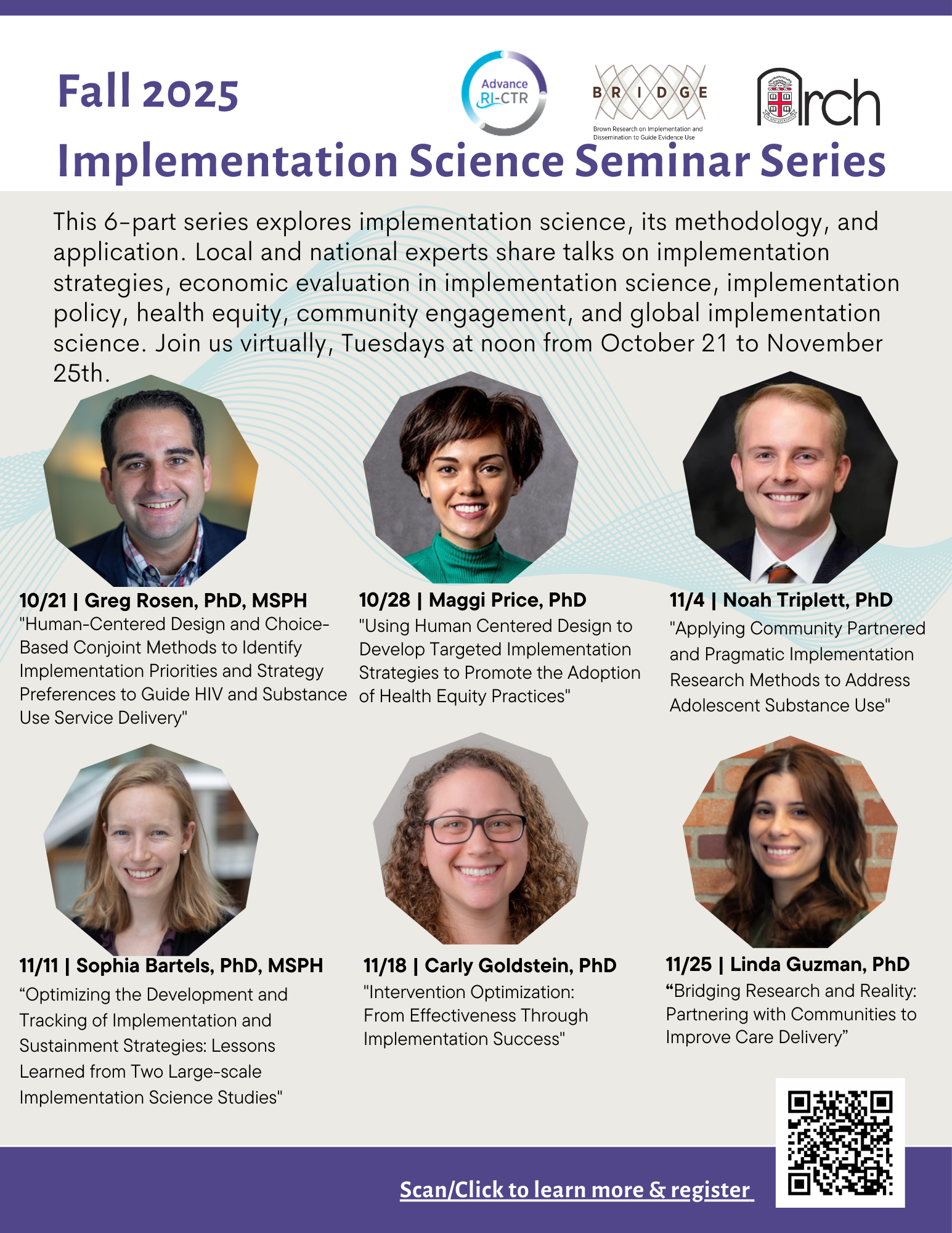 Headshot images of the presenters for the Fall 2025 Advance-CTR Implementation Science Seminar Series