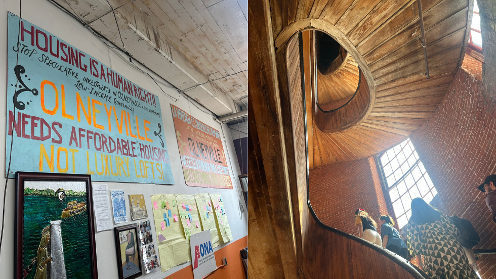 two pictures: organizing signs and spiral wooden staircase
